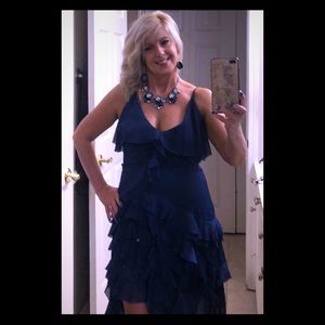 Blue ruffled chiffon dress with slit